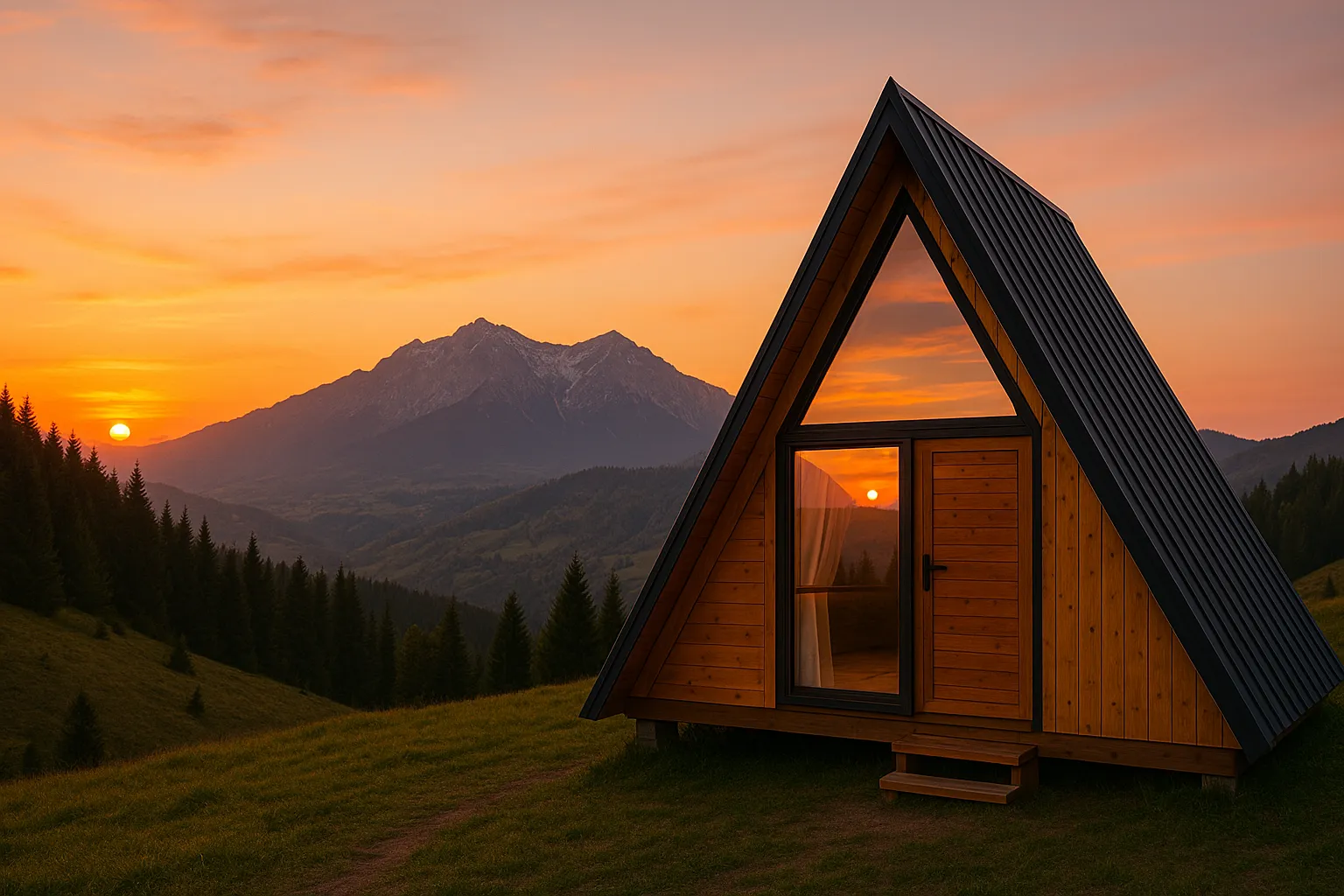 A frame modernă din lemn în Bran, cu view spectaculos la Munții Bucegi și apus de soare